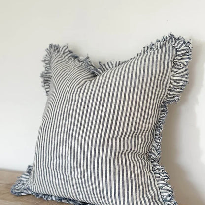 Navy & White Stripe Ruffle Linen Cushion