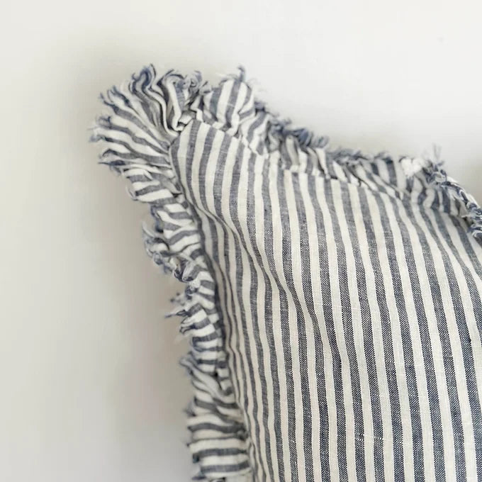 Navy & White Stripe Ruffle Linen Cushion