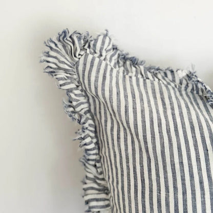 Navy & White Stripe Ruffle Linen Cushion