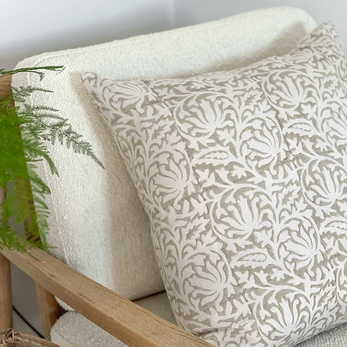 Pale Olive Handblock Printed Cushion