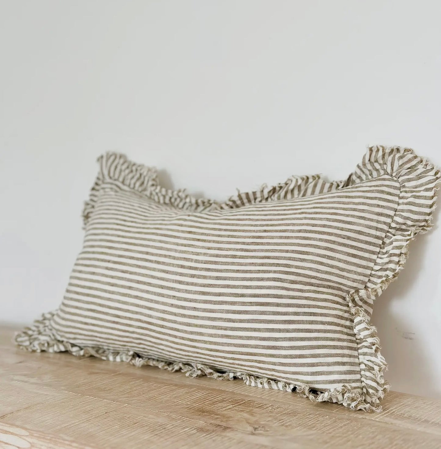 Olive Stripe Ruffle Linen Cushion  2 Sizes