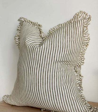 Olive Stripe Ruffle Linen Cushion  2 Sizes