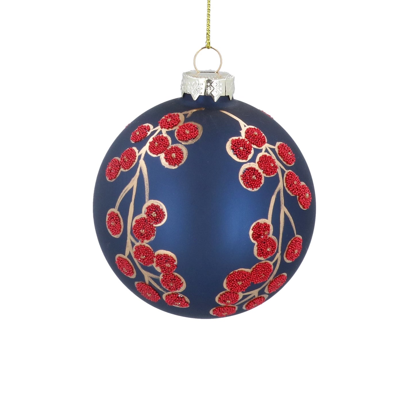 Matt Blue Bauble With Red Berries