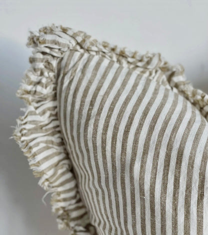 Olive Stripe Ruffle Linen Cushion  2 Sizes