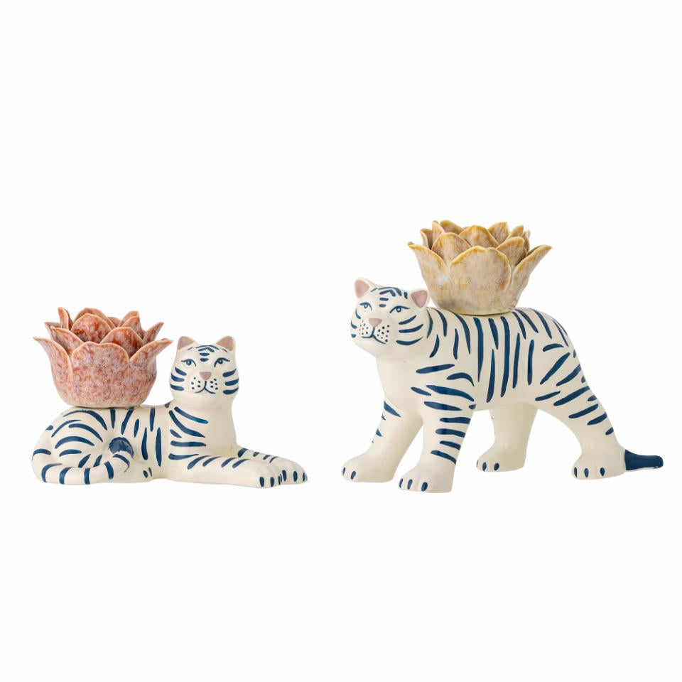 Floral Tiger Stoneware Candleholders  Pair