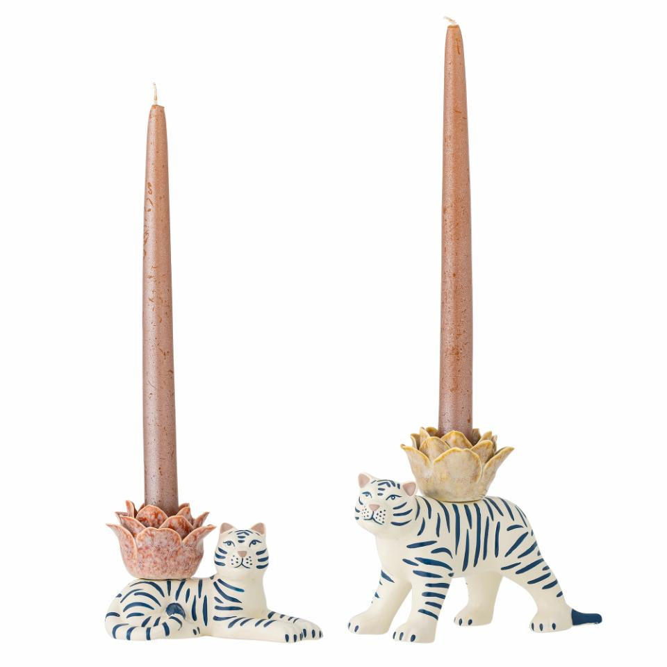 Floral Tiger Stoneware Candleholders  Pair