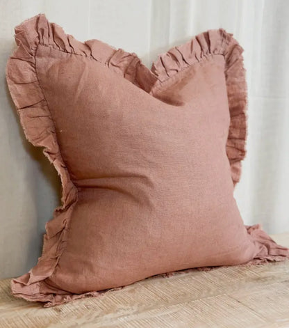 Dusty Pink Linen Ruffle Cushion