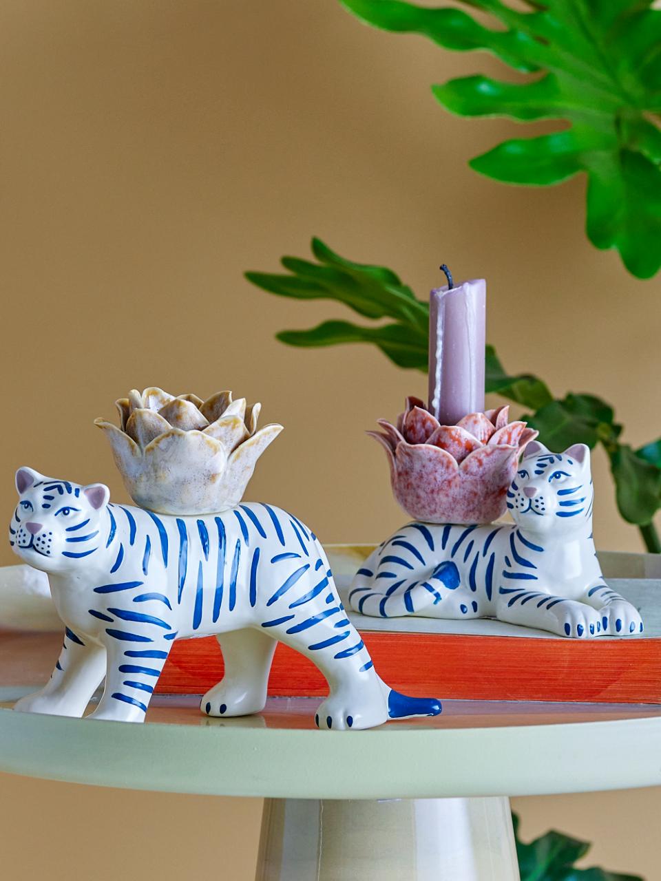 Floral Tiger Stoneware Candleholders  Pair