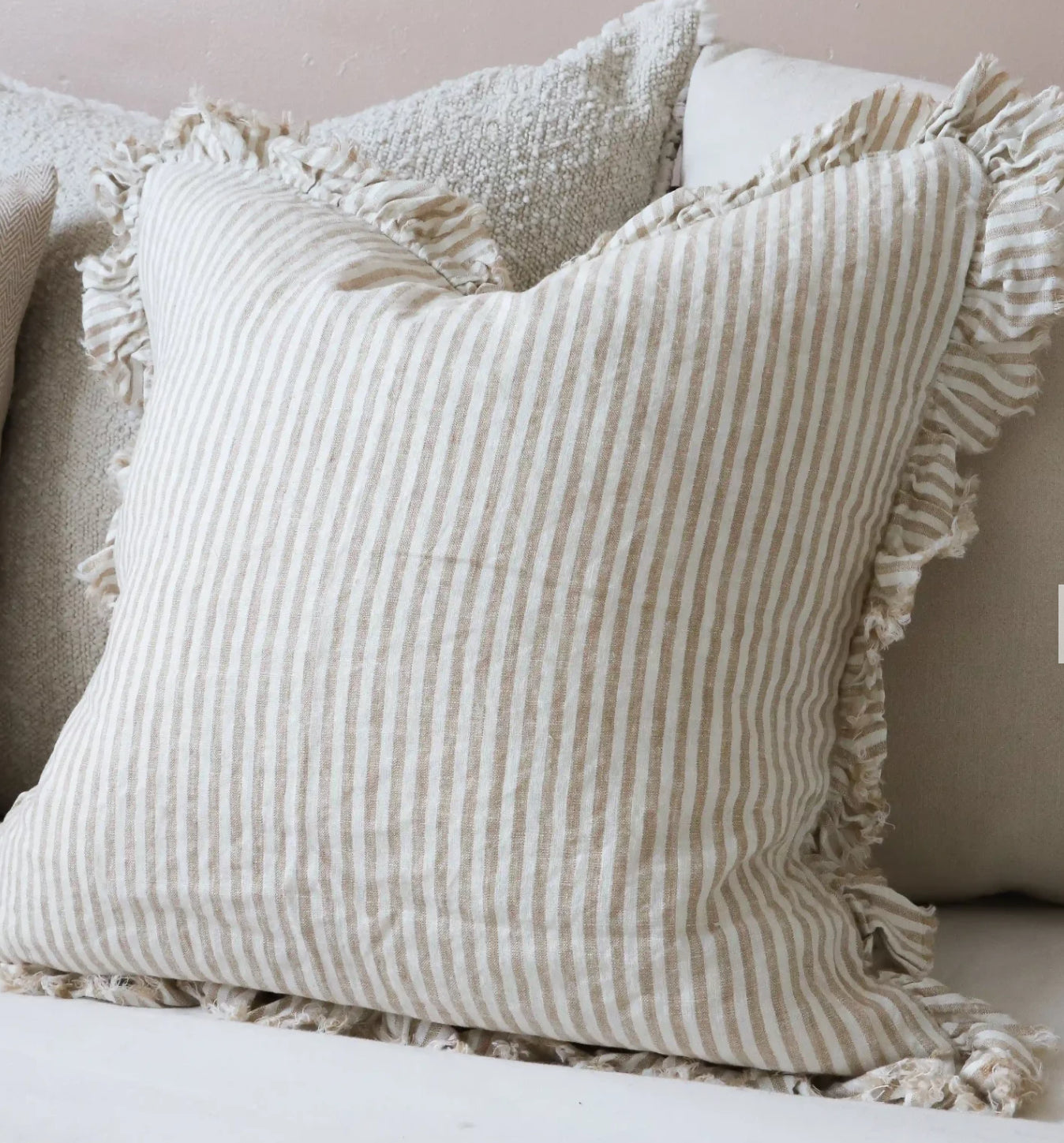 Natural Stripe Ruffle Linen Cushion  2 Sizes