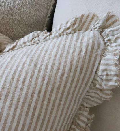 Natural Stripe Ruffle Linen Cushion  2 Sizes